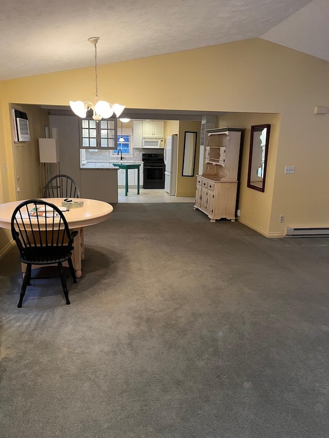 2539 W Giles Rd, Muskegon, MI 49445 - carpeted dining space featuring vaulted ceiling, a chandelier, baseboard heating, a wall mounted AC, and a sink