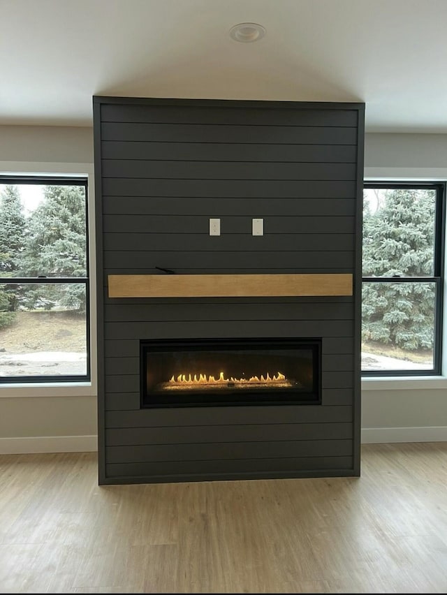 details featuring a large fireplace, baseboards, and wood finished floors