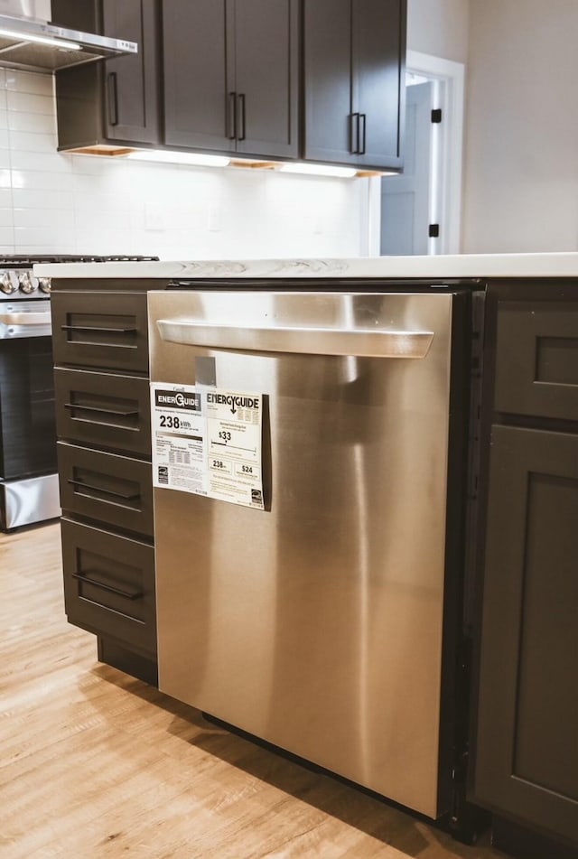 kitchen featuring tasteful backsplash, stainless steel appliances, light wood finished floors, and under cabinet range hood