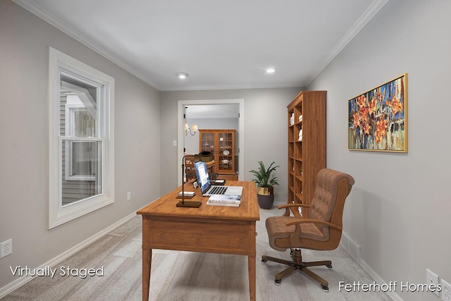 office area featuring ornamental molding, recessed lighting, light carpet, and baseboards