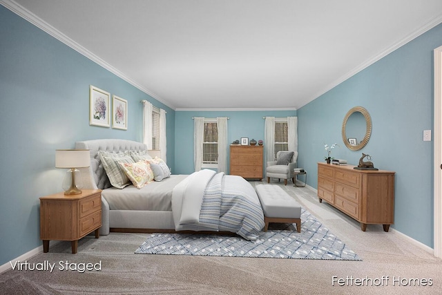 bedroom featuring carpet floors, ornamental molding, and baseboards