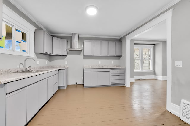 kitchen with visible vents, wall chimney exhaust hood, ornamental molding, gray cabinetry, and a sink