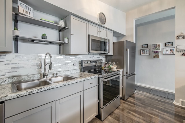 kitchen with dark wood finished floors, open shelves, stainless steel appliances, backsplash, and a sink