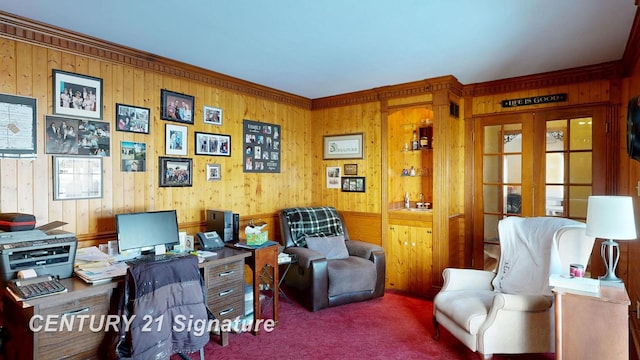 carpeted office featuring french doors