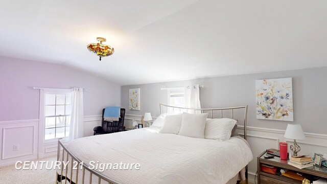 bedroom featuring carpet floors, vaulted ceiling, and wainscoting