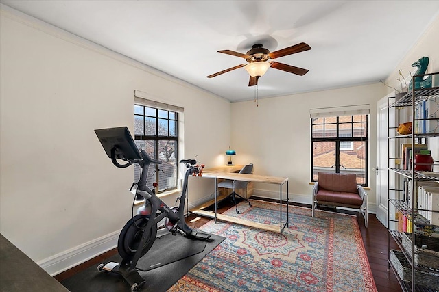 office featuring a wealth of natural light, baseboards, ceiling fan, and wood finished floors