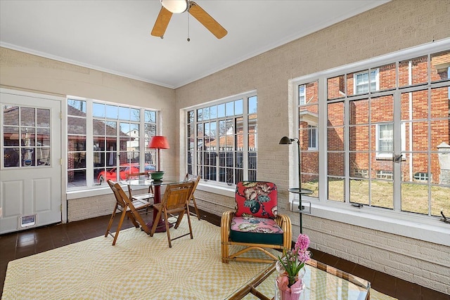 sunroom with a healthy amount of sunlight and ceiling fan