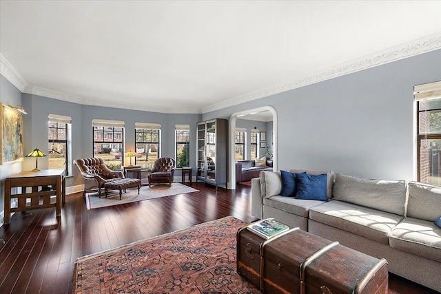 living area featuring hardwood / wood-style floors, crown molding, baseboards, and arched walkways