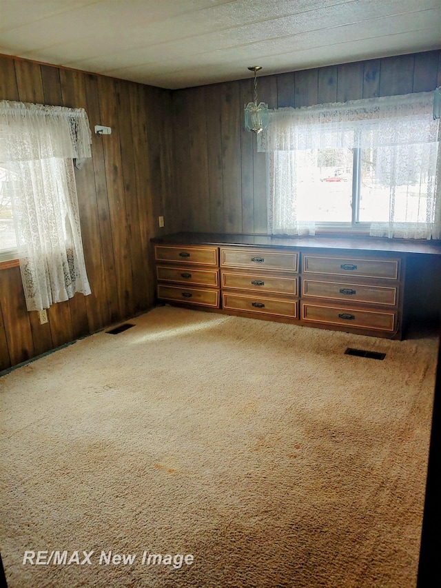 empty room featuring wooden walls, visible vents, and carpet flooring