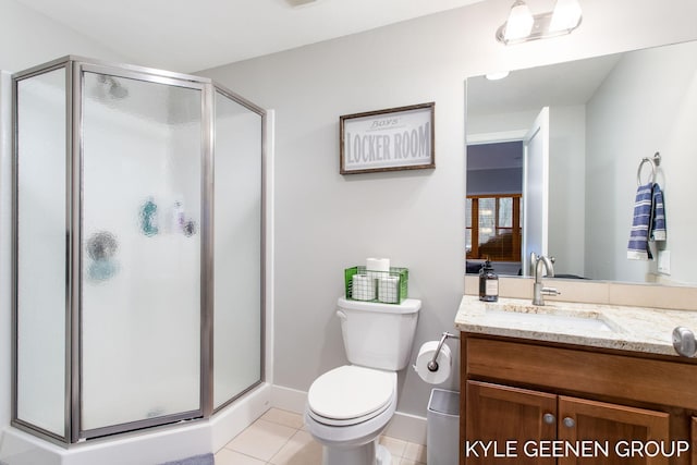 full bath with toilet, a stall shower, vanity, and tile patterned floors