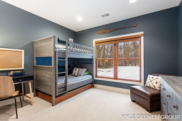 bedroom featuring baseboards, visible vents, carpet flooring, and recessed lighting