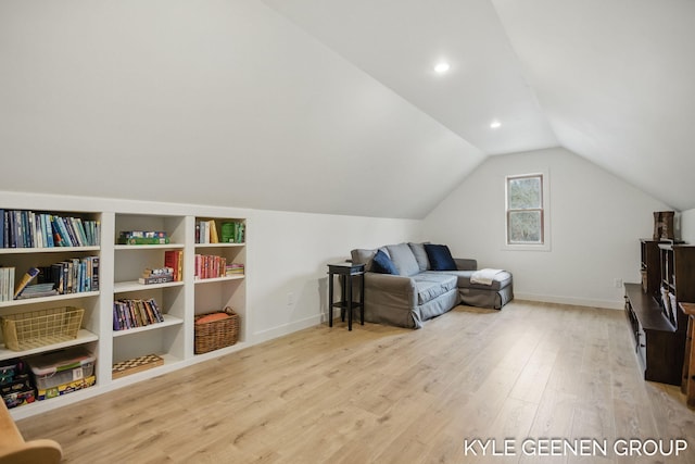 sitting room featuring lofted ceiling, recessed lighting, baseboards, and wood finished floors