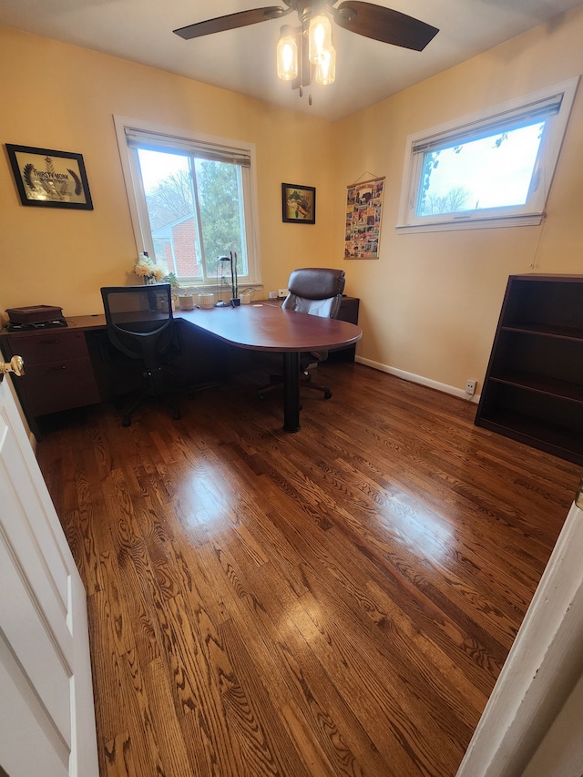 home office featuring plenty of natural light, baseboards, and wood finished floors