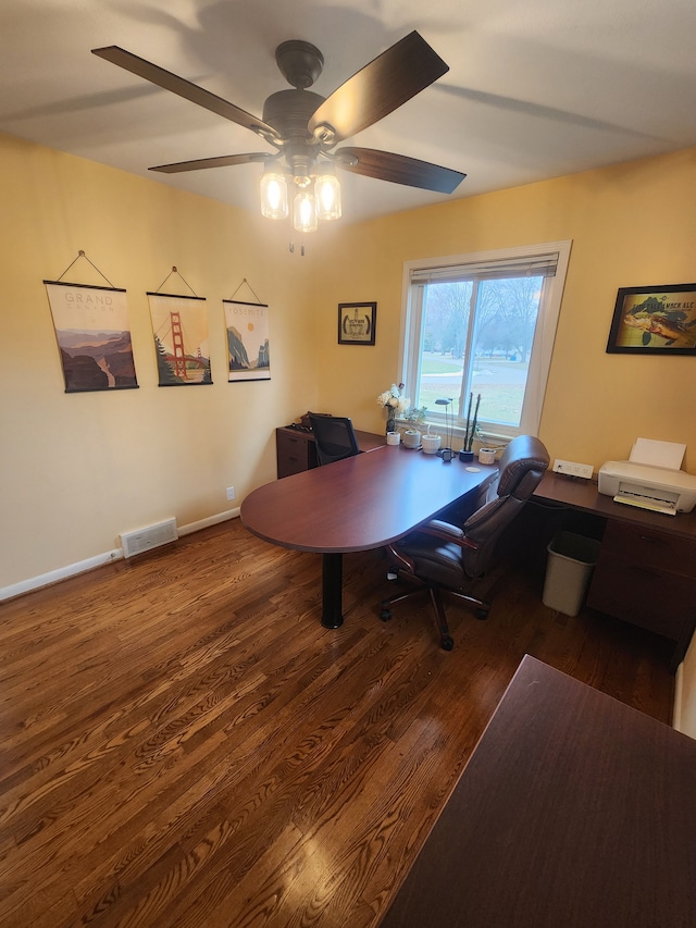 office featuring ceiling fan, wood finished floors, visible vents, and baseboards