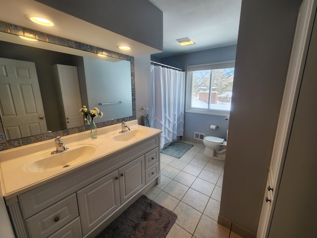 full bath with toilet, visible vents, a sink, and tile patterned floors