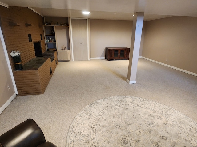 finished basement with recessed lighting, carpet flooring, and baseboards