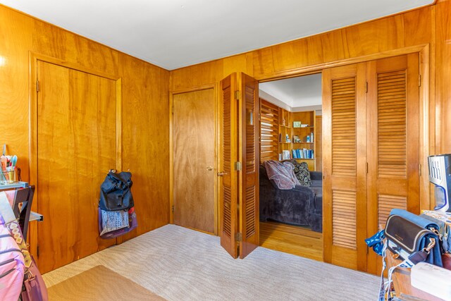 bedroom featuring carpet and wood walls