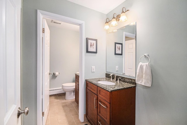 bathroom with visible vents, toilet, a baseboard radiator, and vanity