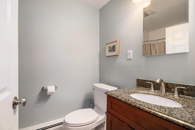 bathroom featuring a baseboard radiator, visible vents, toilet, vanity, and baseboards