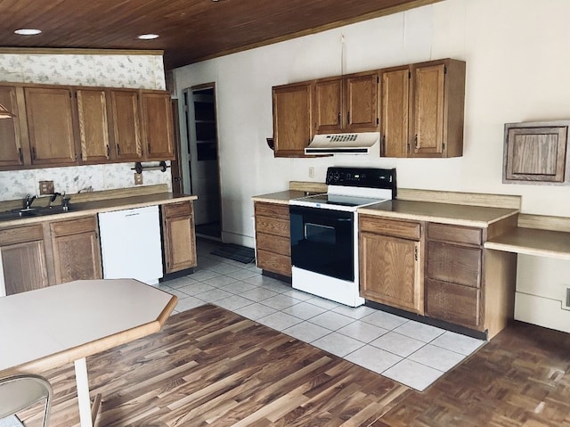 8530 Catherwood Dr, Goodrich, MI 48438 - kitchen featuring wood ceiling, a sink, white dishwasher, electric range, and range hood