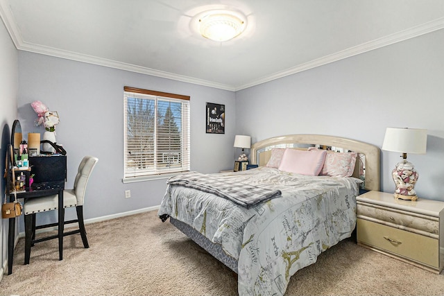 bedroom featuring light carpet, baseboards, and ornamental molding