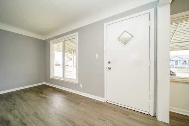 foyer with baseboards and wood finished floors