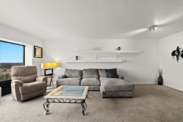 living area featuring carpet flooring and baseboards