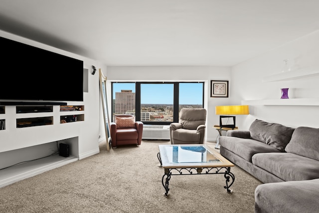 living room featuring carpet floors and baseboards