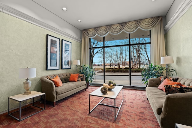 living area featuring floor to ceiling windows, carpet flooring, and recessed lighting