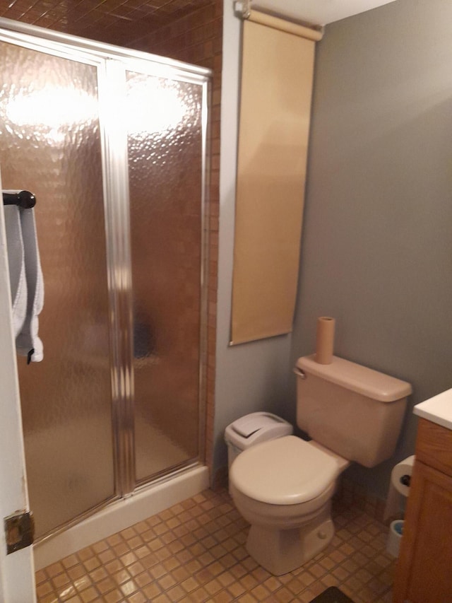 bathroom with toilet, a stall shower, and vanity