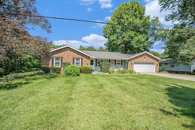 ranch-style home with brick siding, a chimney, concrete driveway, an attached garage, and a front lawn