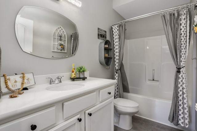 full bath featuring toilet, shower / bathtub combination with curtain, and vanity