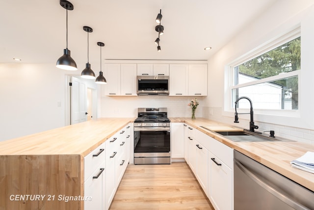 kitchen featuring stainless steel appliances, butcher block counters, a sink, and tasteful backsplash