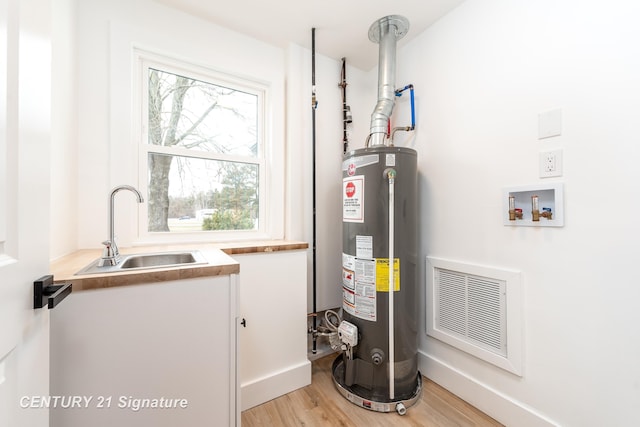 utility room featuring gas water heater, a sink, and visible vents