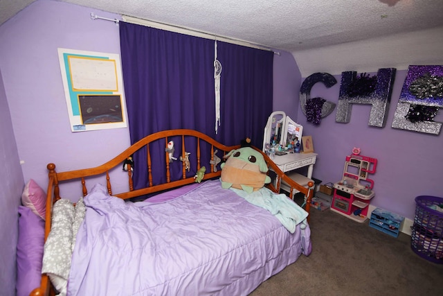 carpeted bedroom featuring vaulted ceiling and a textured ceiling