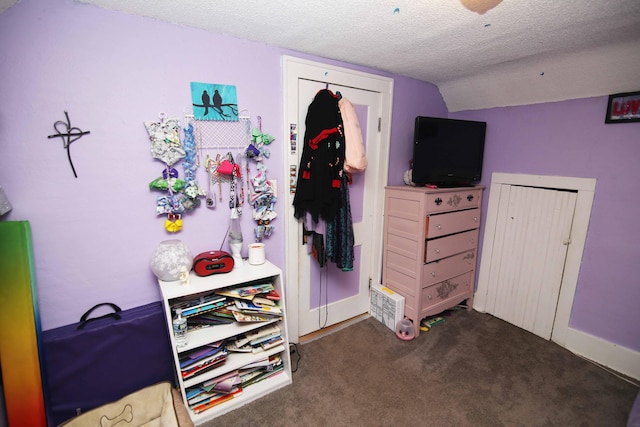 carpeted bedroom with vaulted ceiling, a textured ceiling, and baseboards