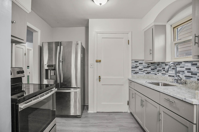 kitchen featuring light wood finished floors, light stone counters, a sink, stainless steel appliances, and backsplash