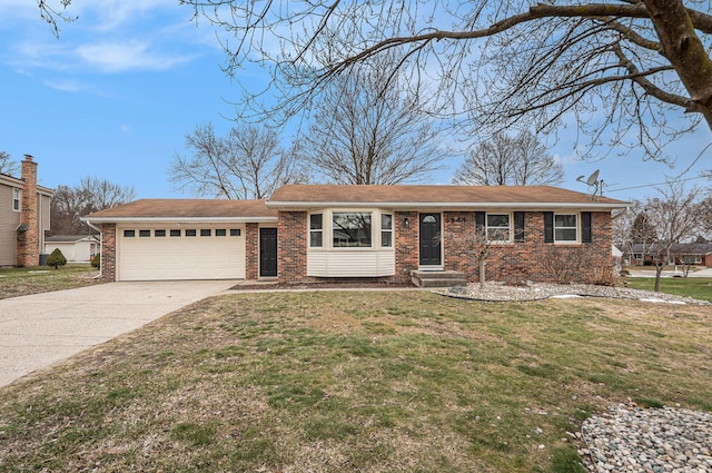 ranch-style home featuring a garage, concrete driveway, brick siding, and a front lawn