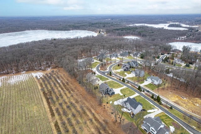 aerial view featuring a water view and a view of trees