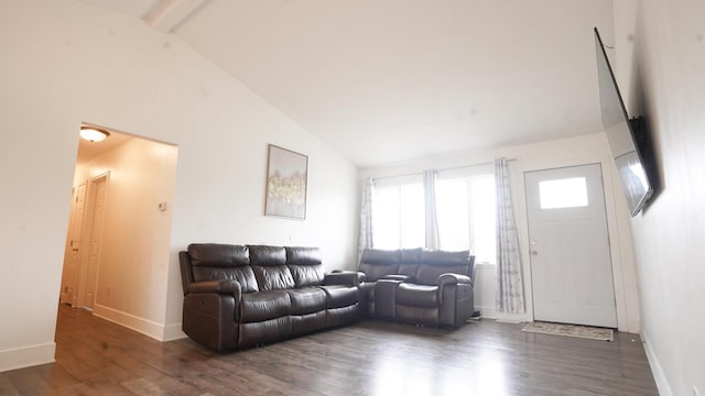 living room featuring high vaulted ceiling, beamed ceiling, wood finished floors, and baseboards