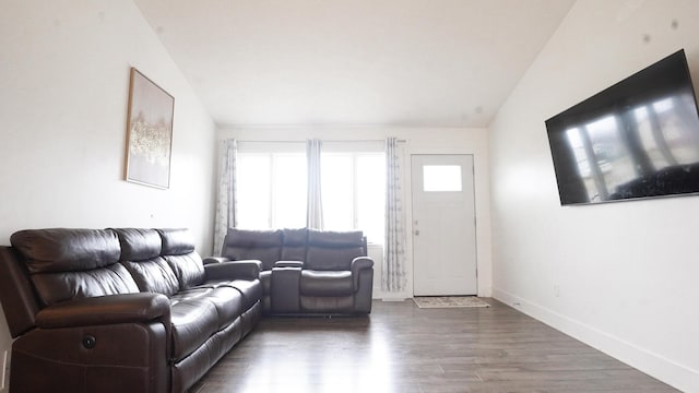 living area with lofted ceiling, baseboards, and wood finished floors