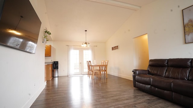 living room with dark wood-style floors, high vaulted ceiling, a chandelier, beamed ceiling, and baseboards