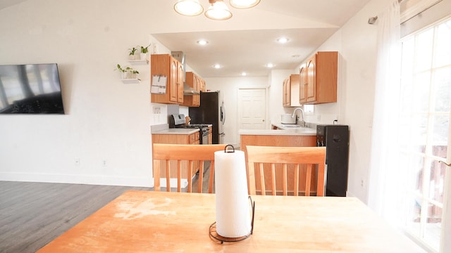 kitchen featuring baseboards, wood finished floors, a sink, light countertops, and stainless steel range with gas stovetop