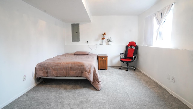 bedroom with carpet flooring, electric panel, and baseboards