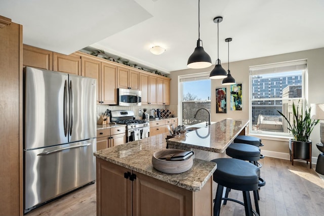 kitchen featuring light stone countertops, a center island with sink, a sink, light wood-style floors, and appliances with stainless steel finishes