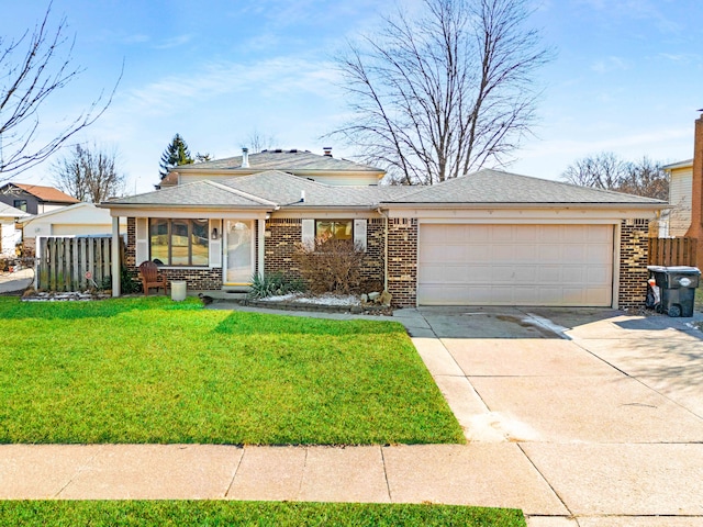 22273 Collette St, Woodhaven, MI 48183 - view of front facade with a front yard, an attached garage, fence, concrete driveway, and brick siding