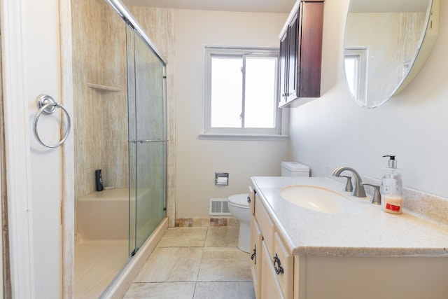 22273 Collette St, Woodhaven, MI 48183 - bathroom with visible vents, toilet, tile patterned flooring, vanity, and a stall shower