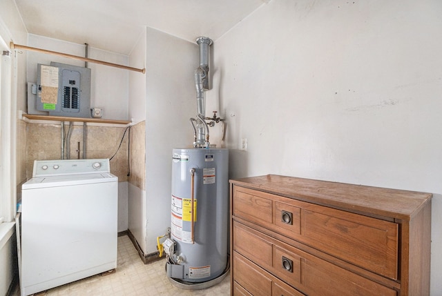 utility room with washer / dryer, gas water heater, and electric panel