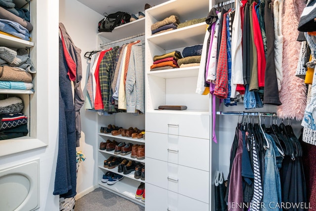 walk in closet with carpet