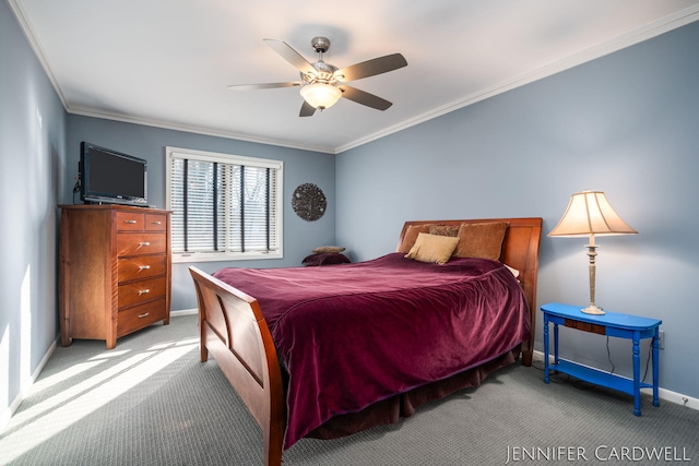 bedroom with carpet, baseboards, ceiling fan, and crown molding